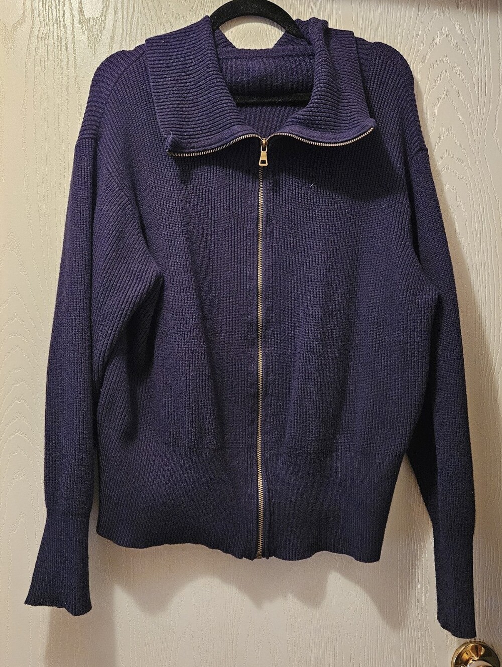 Sidefeel Navy Blue Zip Up Collared Ribbed Cardigan Sweater, Size 2XL